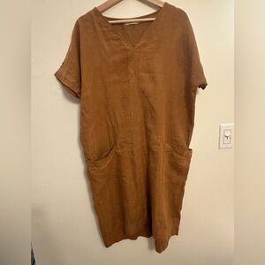 Magic Linen camel Linen Dress front pockets size XS fits oversized